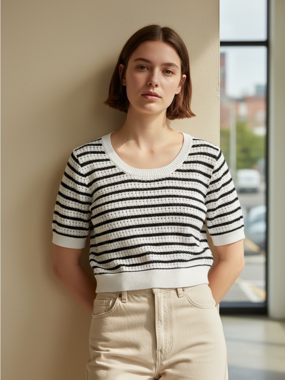 ASOS Black and White Striped Short Sleeve Knit Crop Top